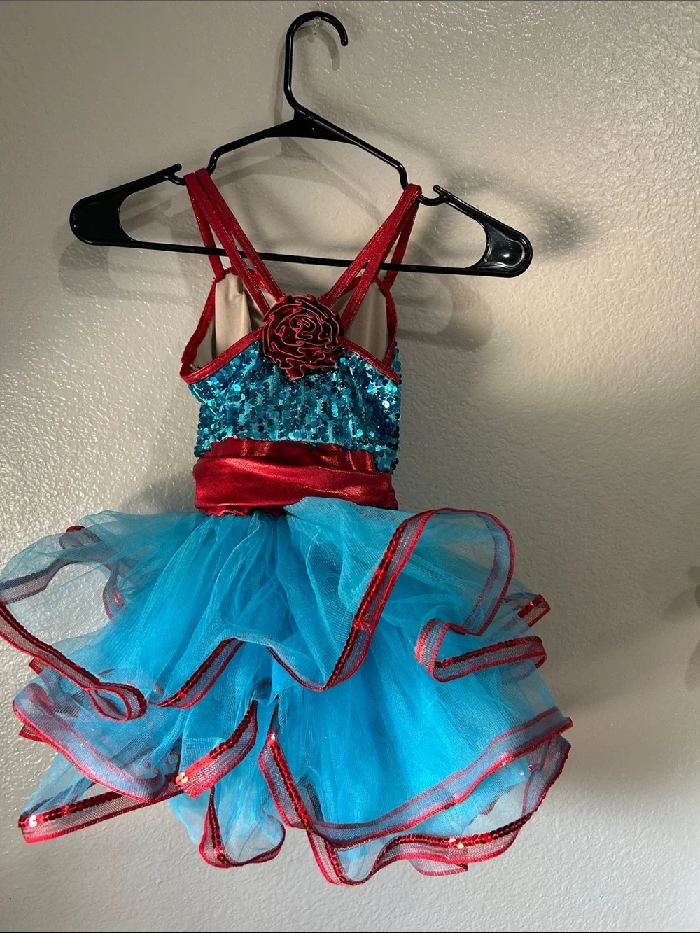 Weissman Teal Sequin Red Trim Tutu Costume Sz 1C Dance Ruffle Sleeveless
